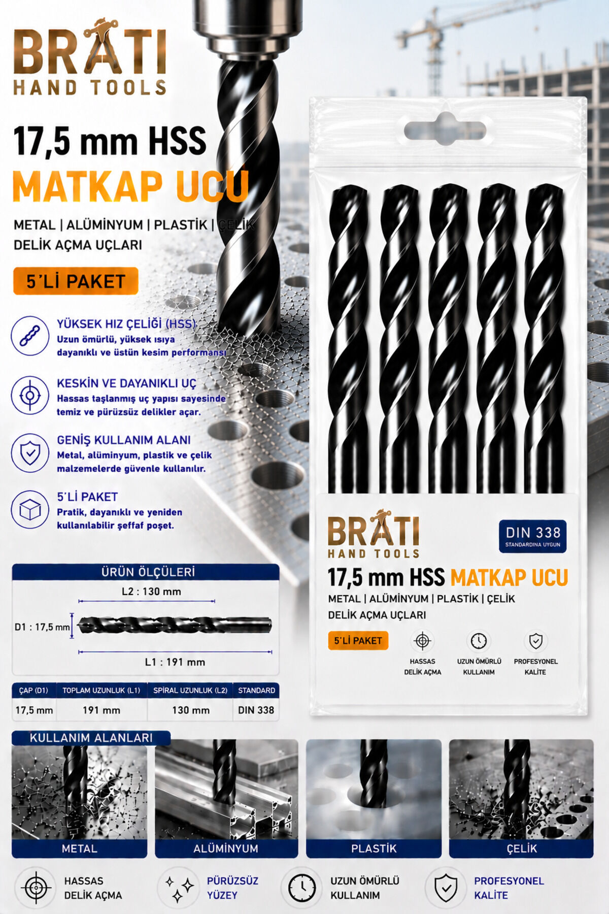17,5 Mm Hss Matkap Ucu 5'lİ Paket Metal Alüminyum Ahşap Çelik Plastik Delme Uçları