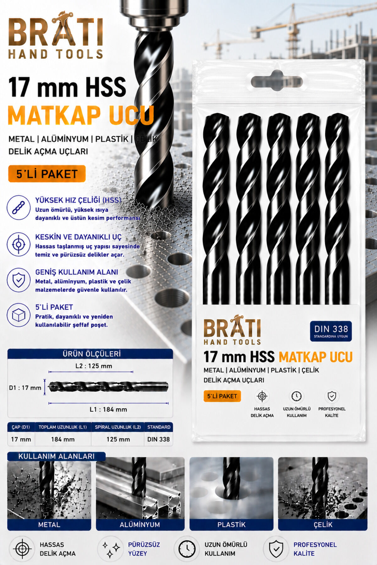 17 Mm Hss Matkap Ucu 5'Li Paket Metal Alüminyum Plastik Ahşap Çelik Delme Uç Delik Açma Uçları