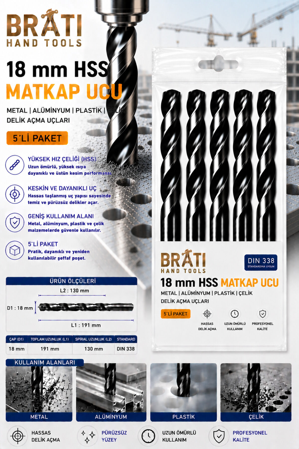 18 Mm Hss Matkap Ucu 5 Adet Paket Metal Ahşap Plastik Çelik Delme Uç Delik Açma Uçları