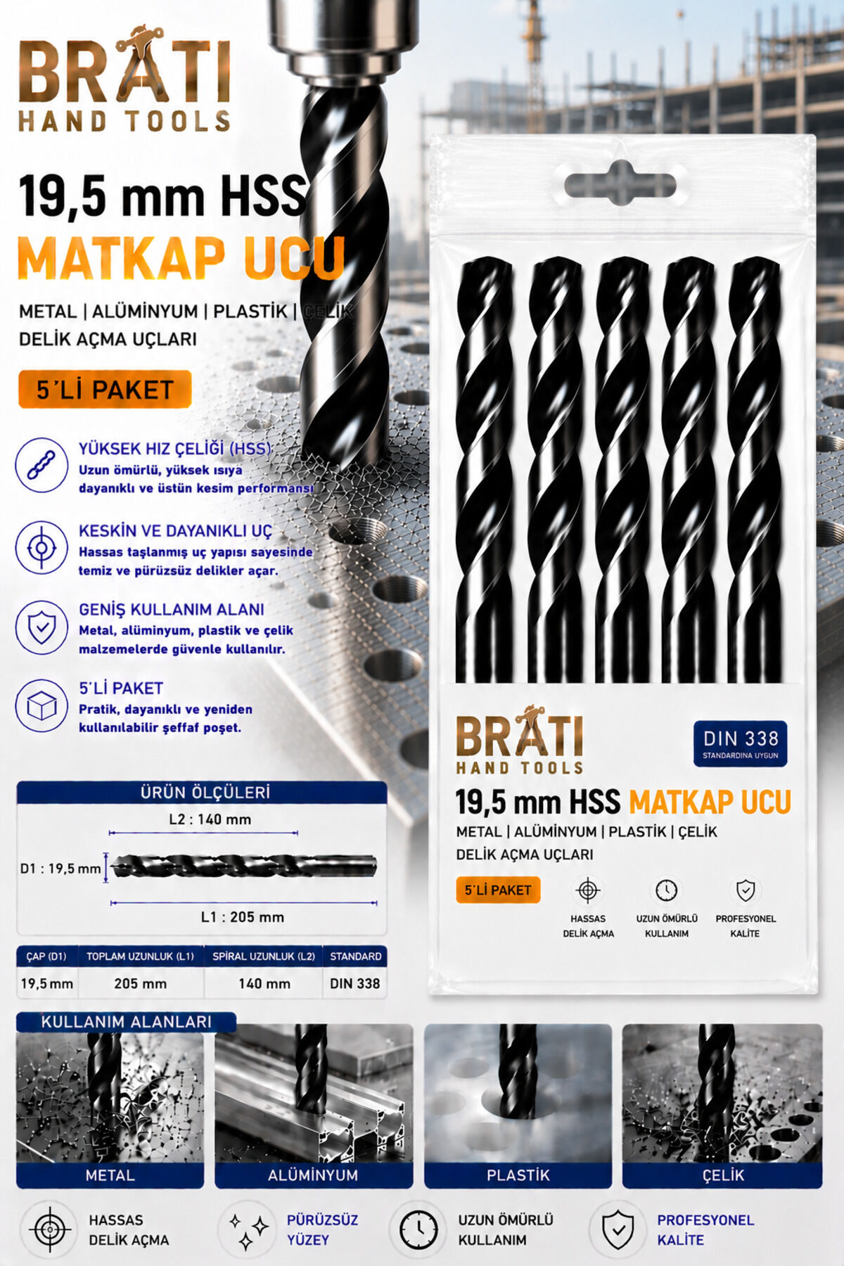 19,5 Mm Hss Matkap Ucu 5'lİ Paket Metal Alüminyum Ahşap Plastik Çelik Uç Delik Açma Uçları