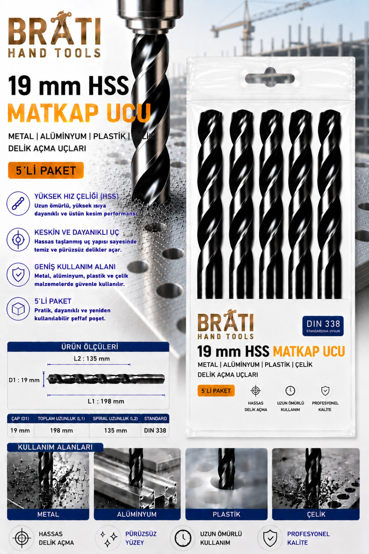 19 Mm Hss Matkap Ucu 5'lİ Paket Metal Alüminyum Ahşap Plastik Delme Uç Delik Açma Uçları