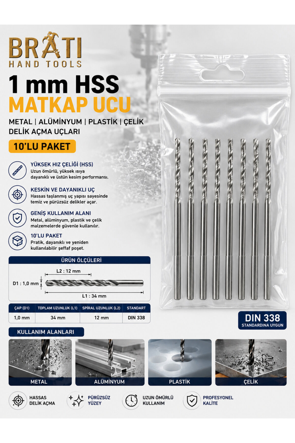 1 Mm Matkap Ucu 10 Adet Paket Metal Alüminyum Ahşap Çelik Delme Açma Uçları