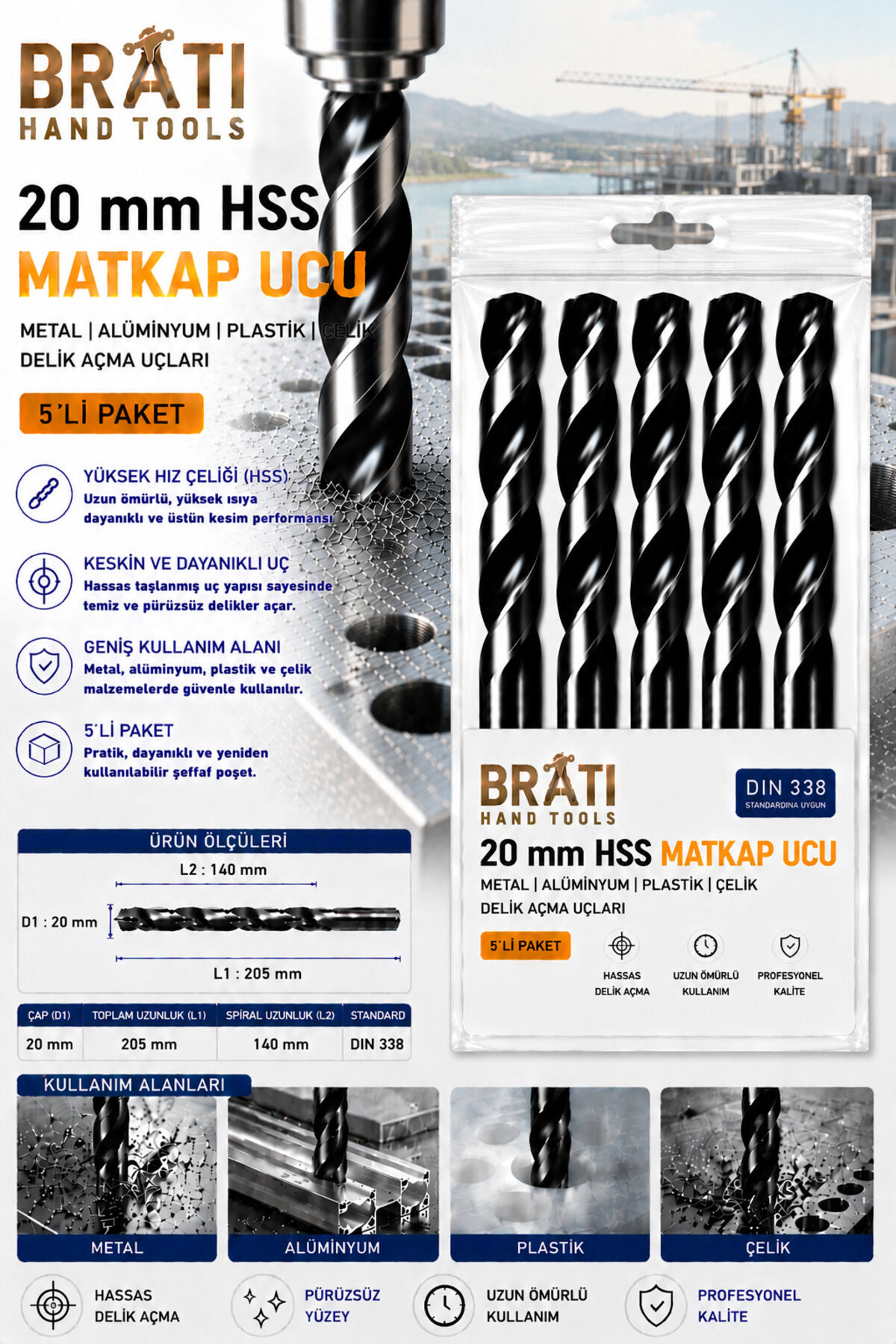20 Mm Hss Matkap Ucu 5'lİ Paket Metal Alüminyum Ahşap Çelik Delme Uç Delik Açma Uçları