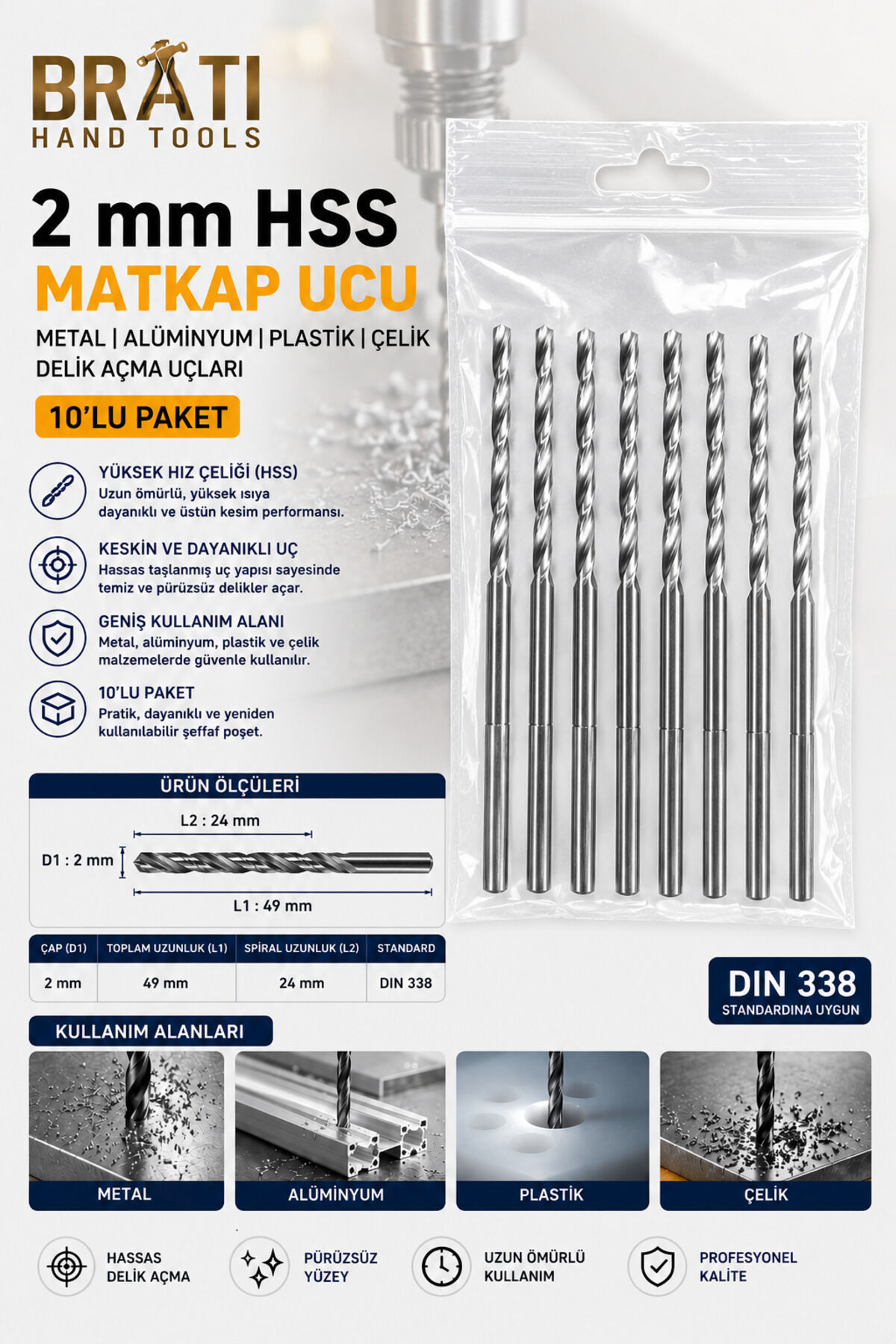 2 Mm Matkap Ucu 10'lu Paket Metal Alüminyum Ahşap Plastik Çelik Uç Delik Açma Uçları