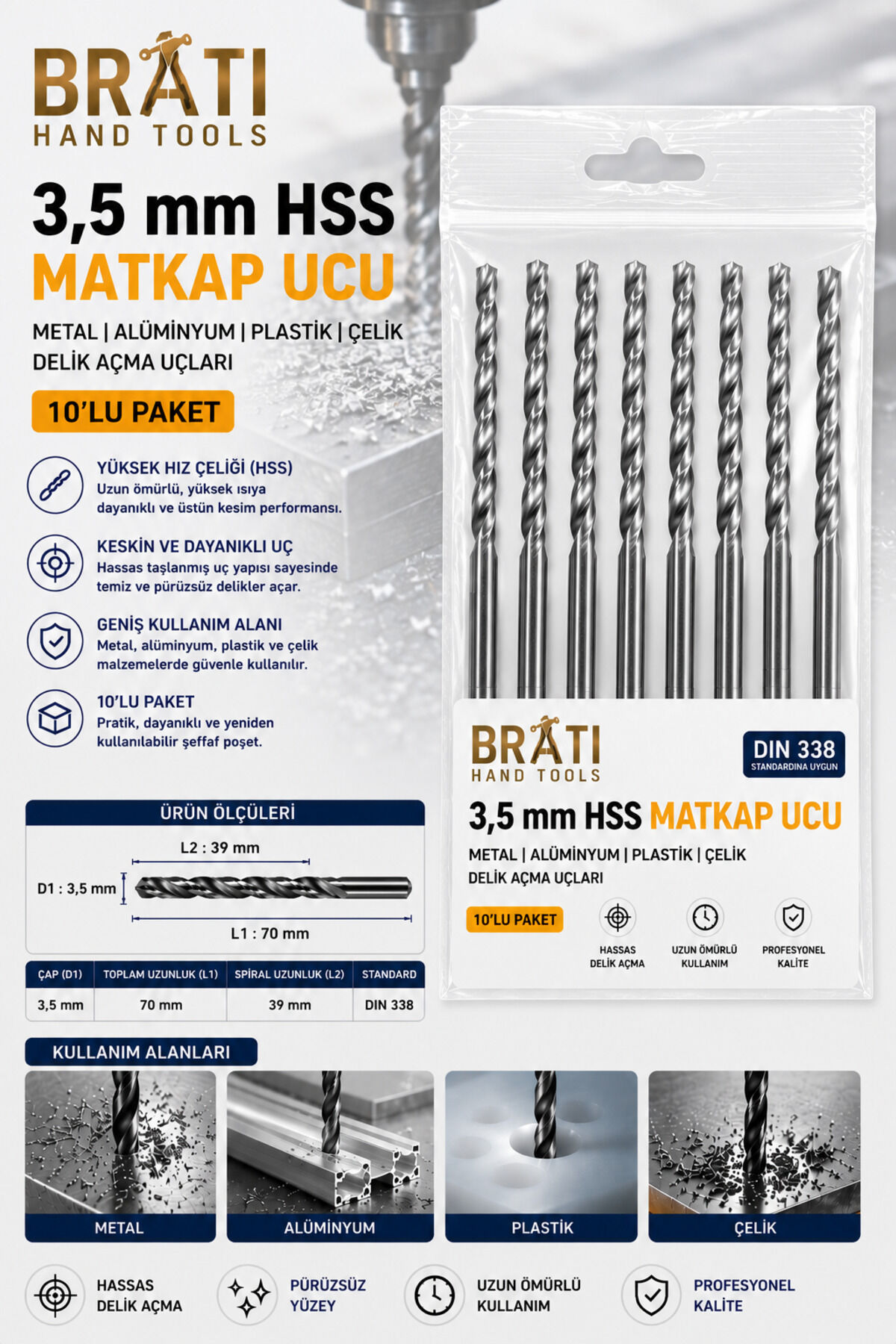 3,5 Mm Hss Matkap Ucu 10'lu Paket Metal Alüm. Ahşap Plastik Çelik Delme Uç Delik Açma Uçları