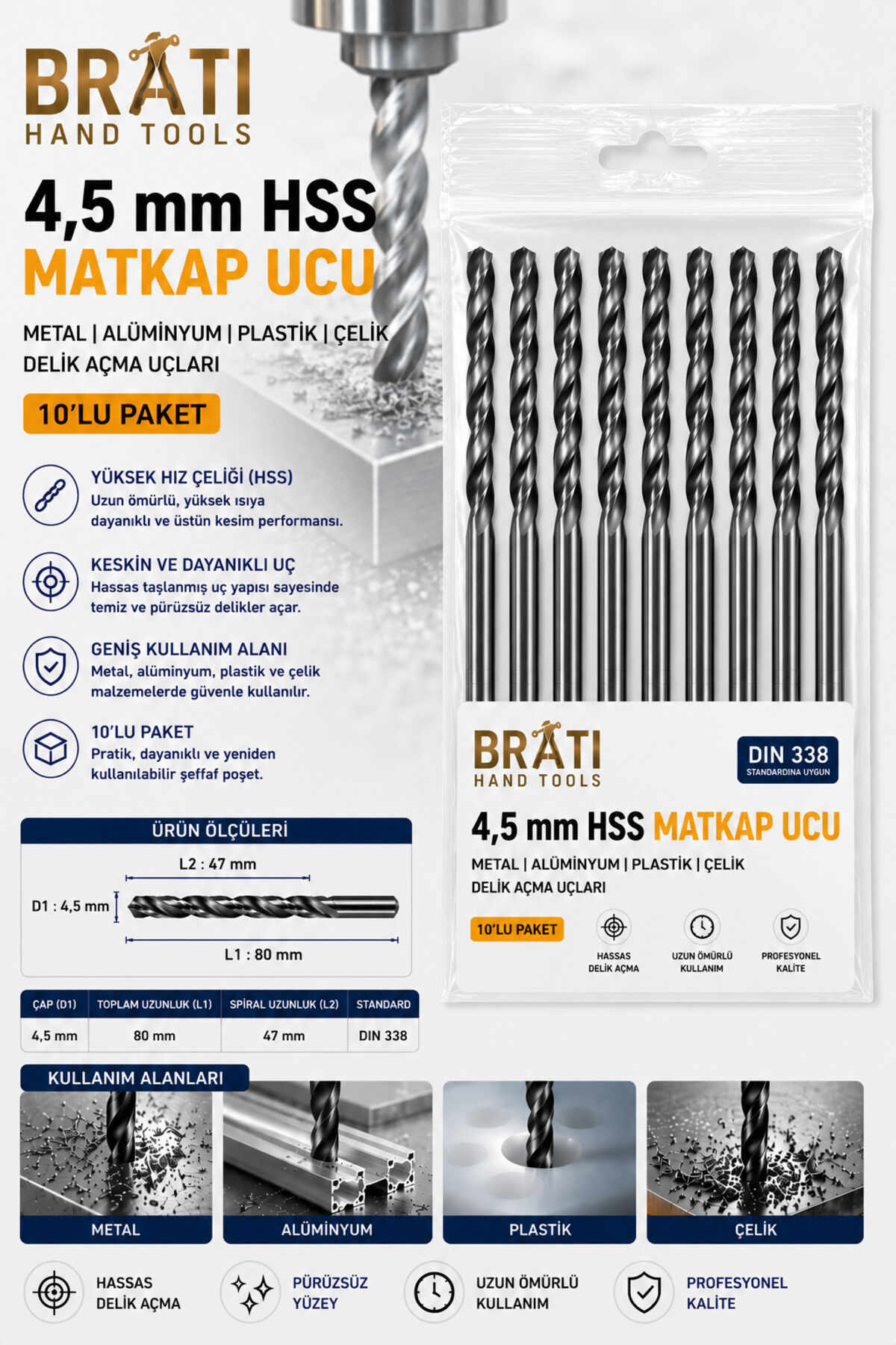 4,5 Mm Matkap Ucu 10 Ad Metal Alüminyum Ahşap Plastik Çelik Delme Delik Açma Uç