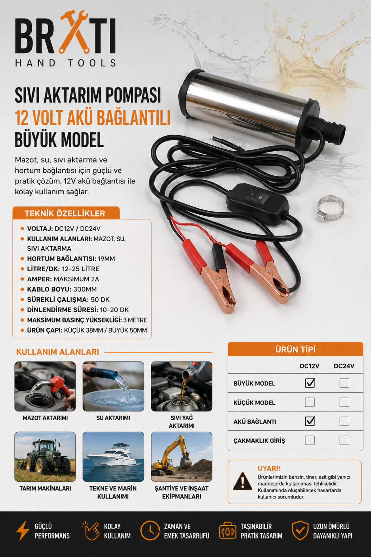 Sıvı Aktarım Pompası 12 Volt Akü Bağlantılı Büyük Model