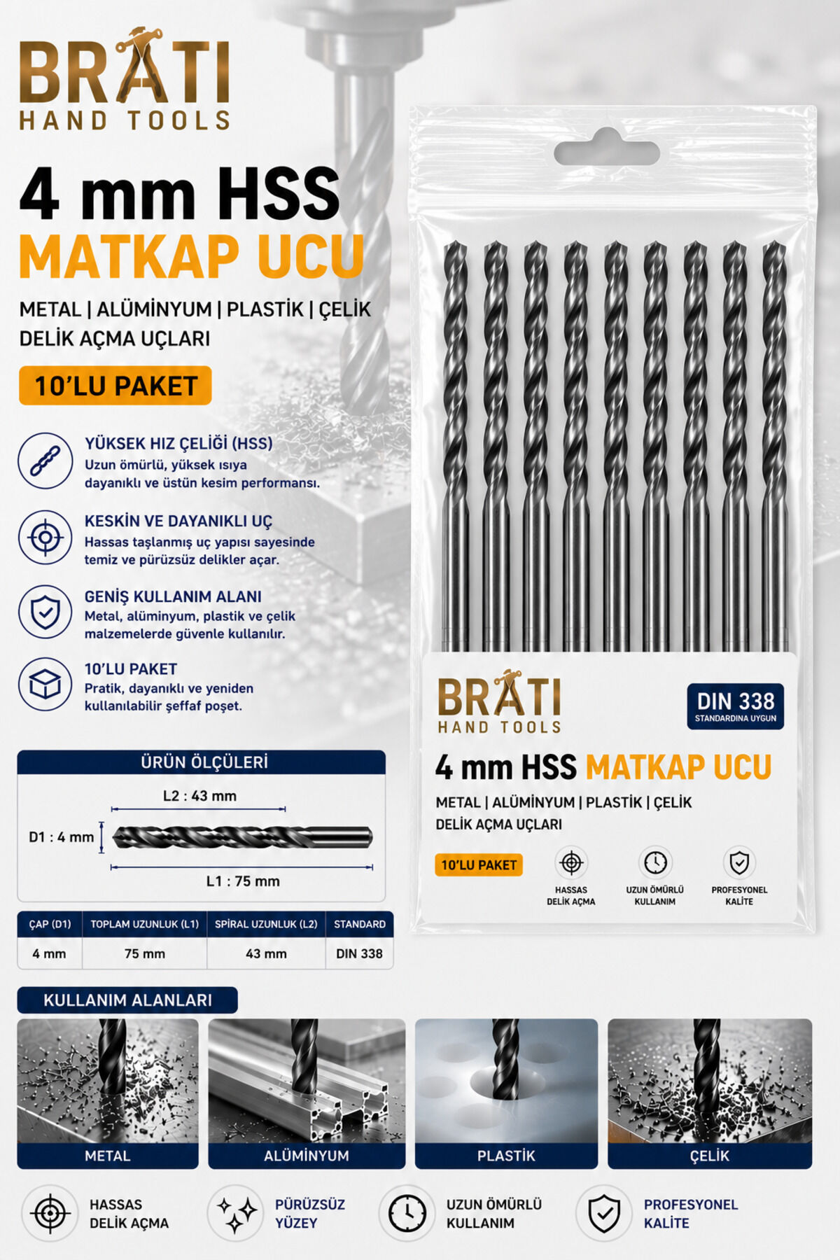 4 Mm Hss Matkap Ucu 10'lu Paket Metal Alüminyum Çelik Delme Uç Delik Açma Uçları