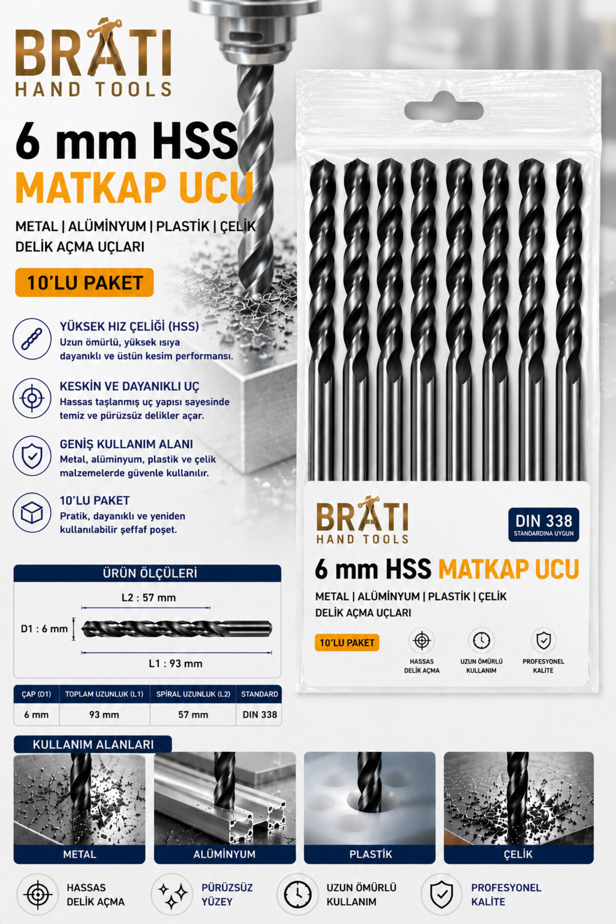 6 Mm Matkap Ucu 10'lu Paket Metal Alüminyum Ahşap Plastik Delik Açma Ucu