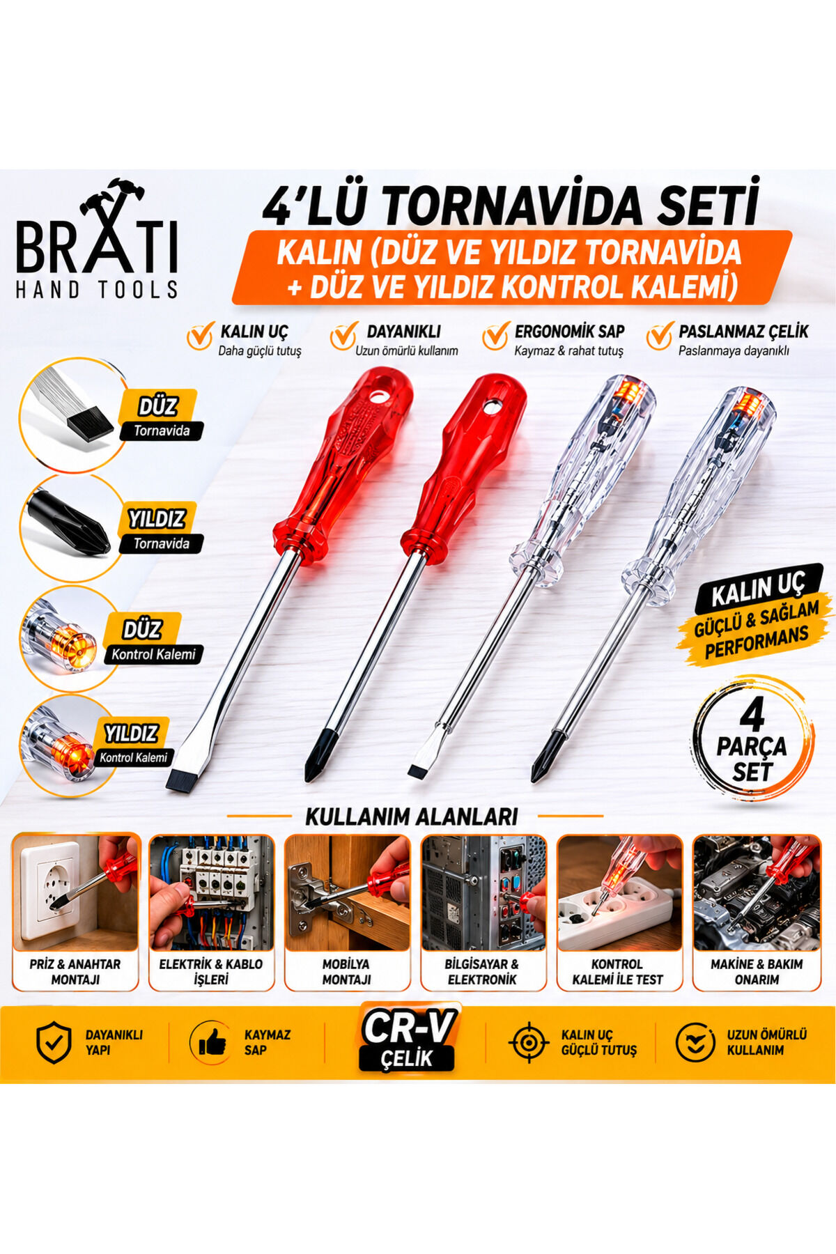 Tornavida Seti Kalın 4'lü Set (Düz ve Yıldız Tornavida ve Kontrol Kalemi)