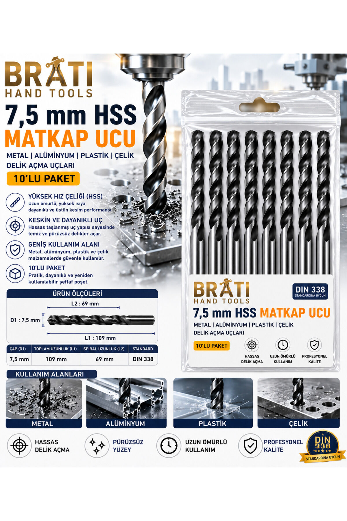 7,5 Mm Hss Matkap Ucu 10'luk Paket Metal Alüminyum Ahşap Plastik Çelik Delme Uç Delik Açma Ucu