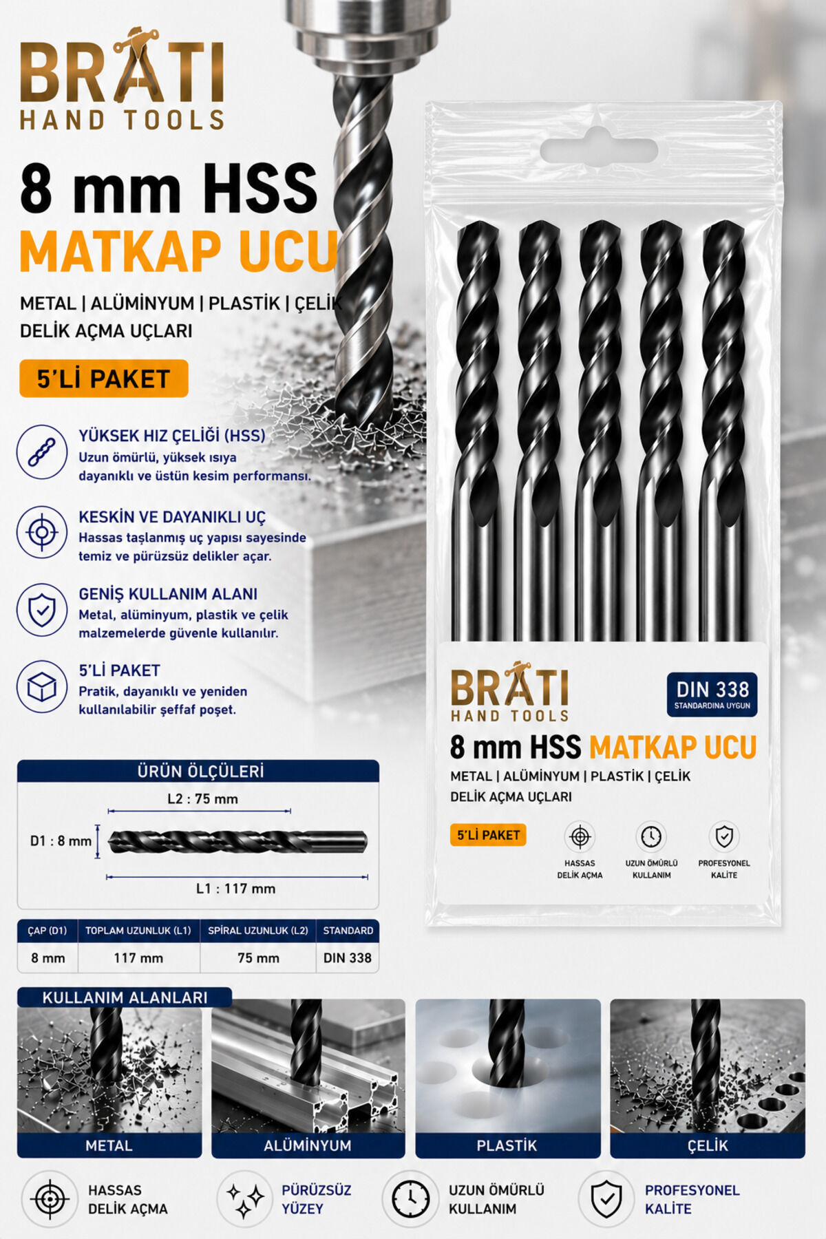 8 Mm Hss Matkap Ucu 5'li Paket Metal Alüminyum Ahşap Delme Uç Delik Açma Uçları