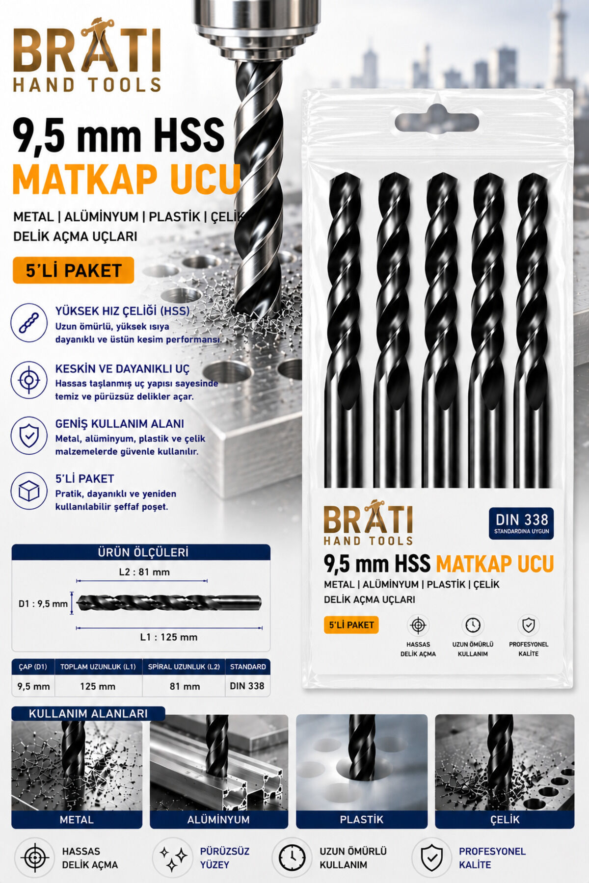 9,5 Mm Hss Matkap Ucu 5 Adetli Paket Metal Alüminyum Ahşap Plastik Çelik Delme Uç Delik Açma Ucu