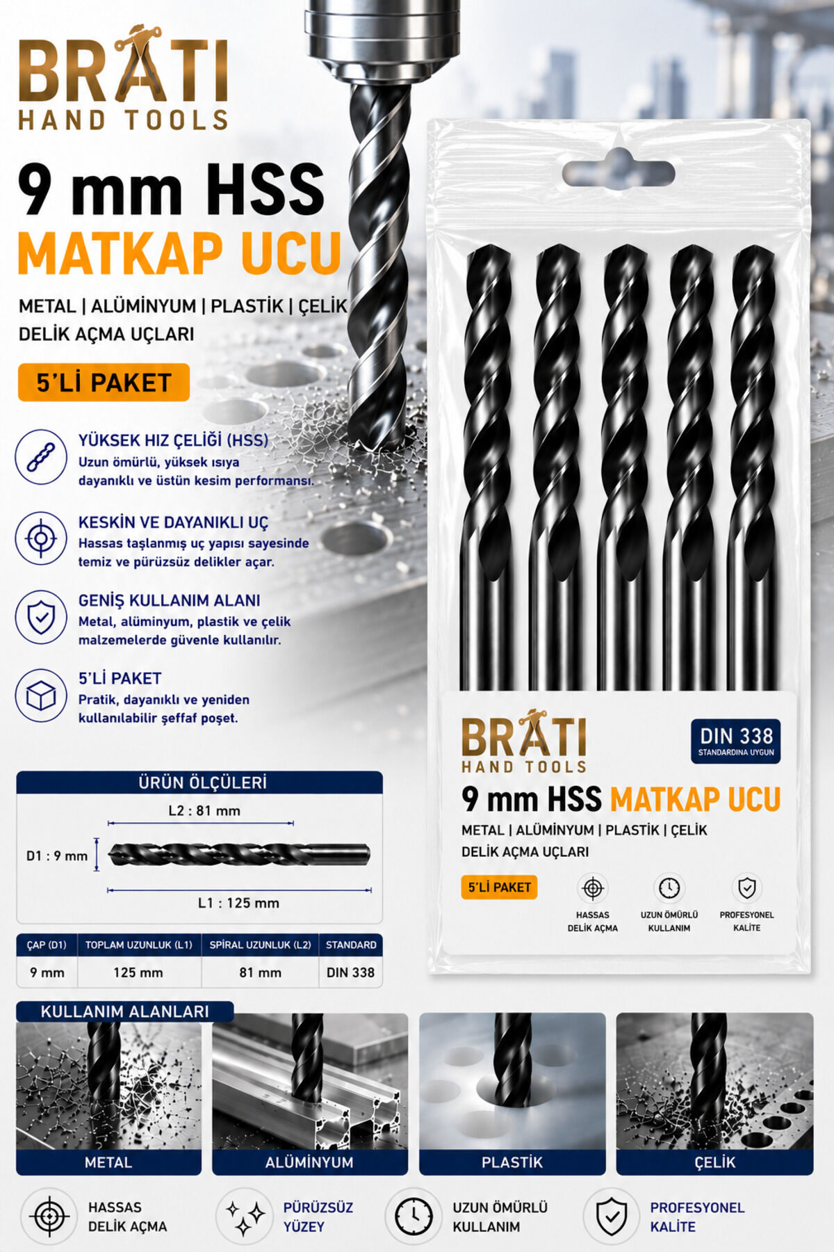 9 Mm Hss Matkap Ucu 5 Adet Metal Alüminyum Ahşap Plast. Delme Uç Delik Açma Uçları