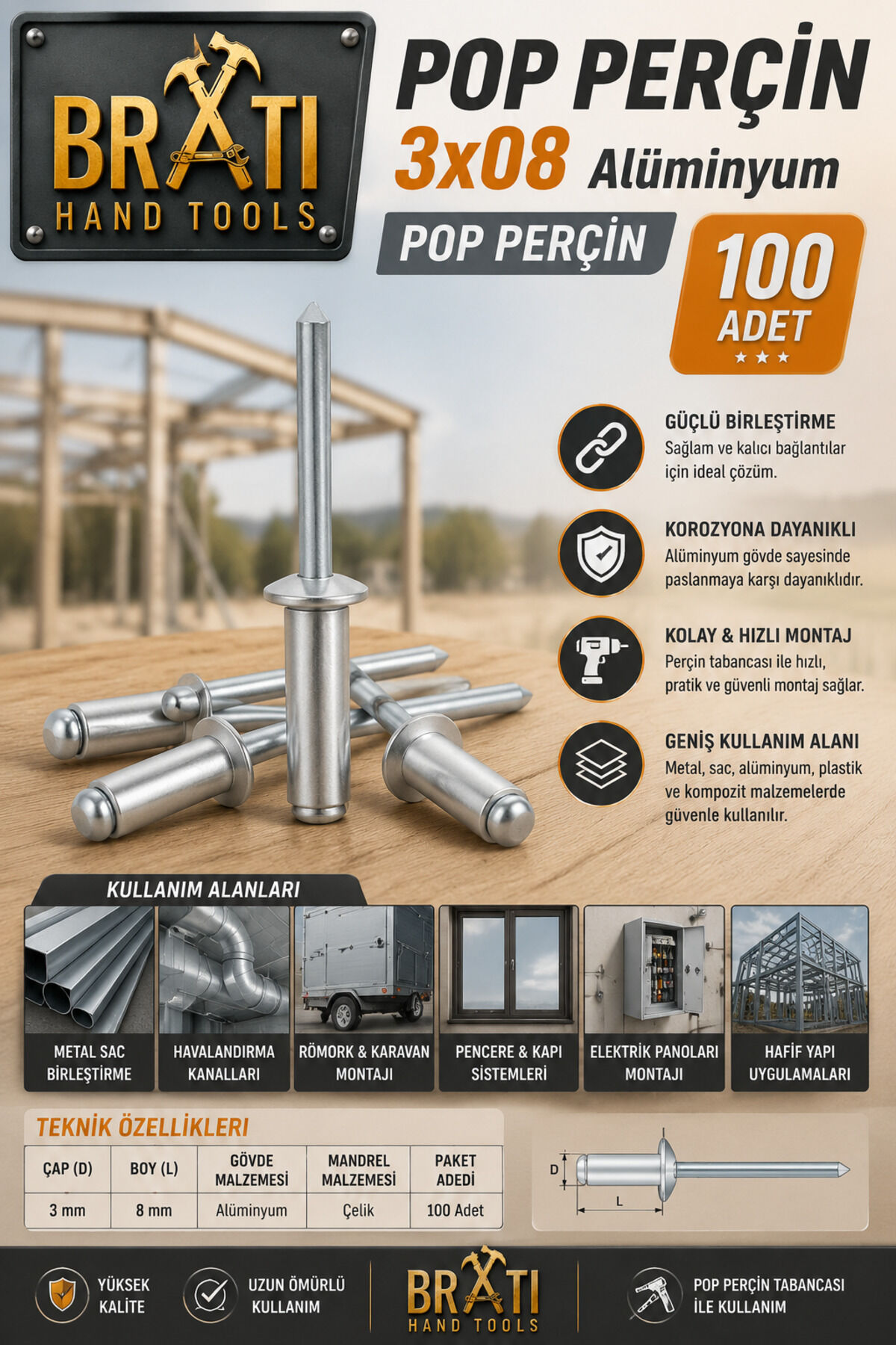 3x08 Alüminyum Pop Perçin 100lü Paket