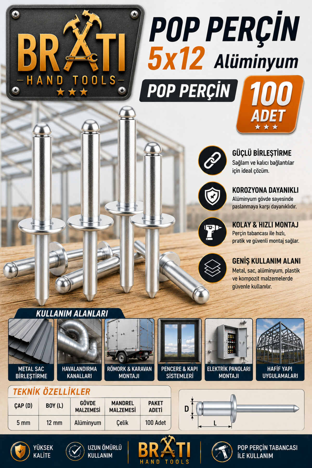 5x12 Alüminyum Pop Perçin 100'lü Paket