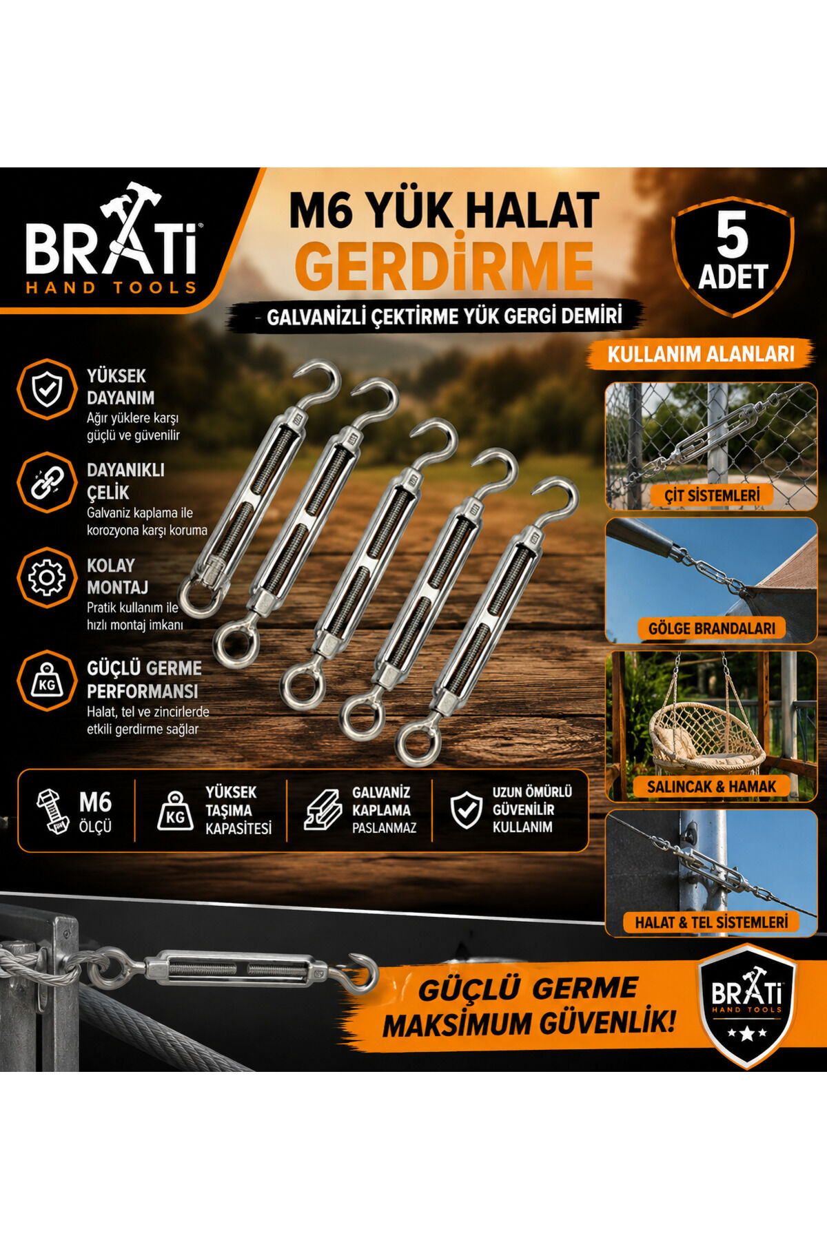 Kanca M6 Yük Halat Gerdirme Galvanizli Çektirme Yük Gergi Demiri 5 Adet