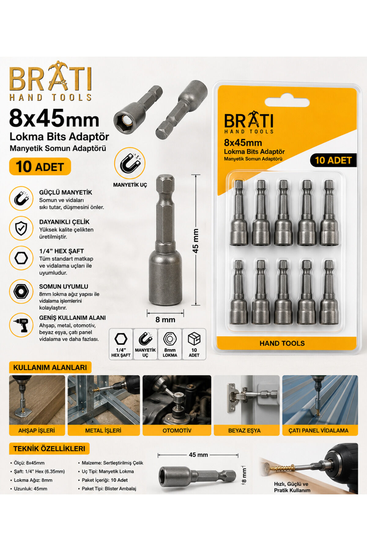 8x45mm Lokma Bits Adaptör - Manyetik Somun Adaptörü 10 Adet