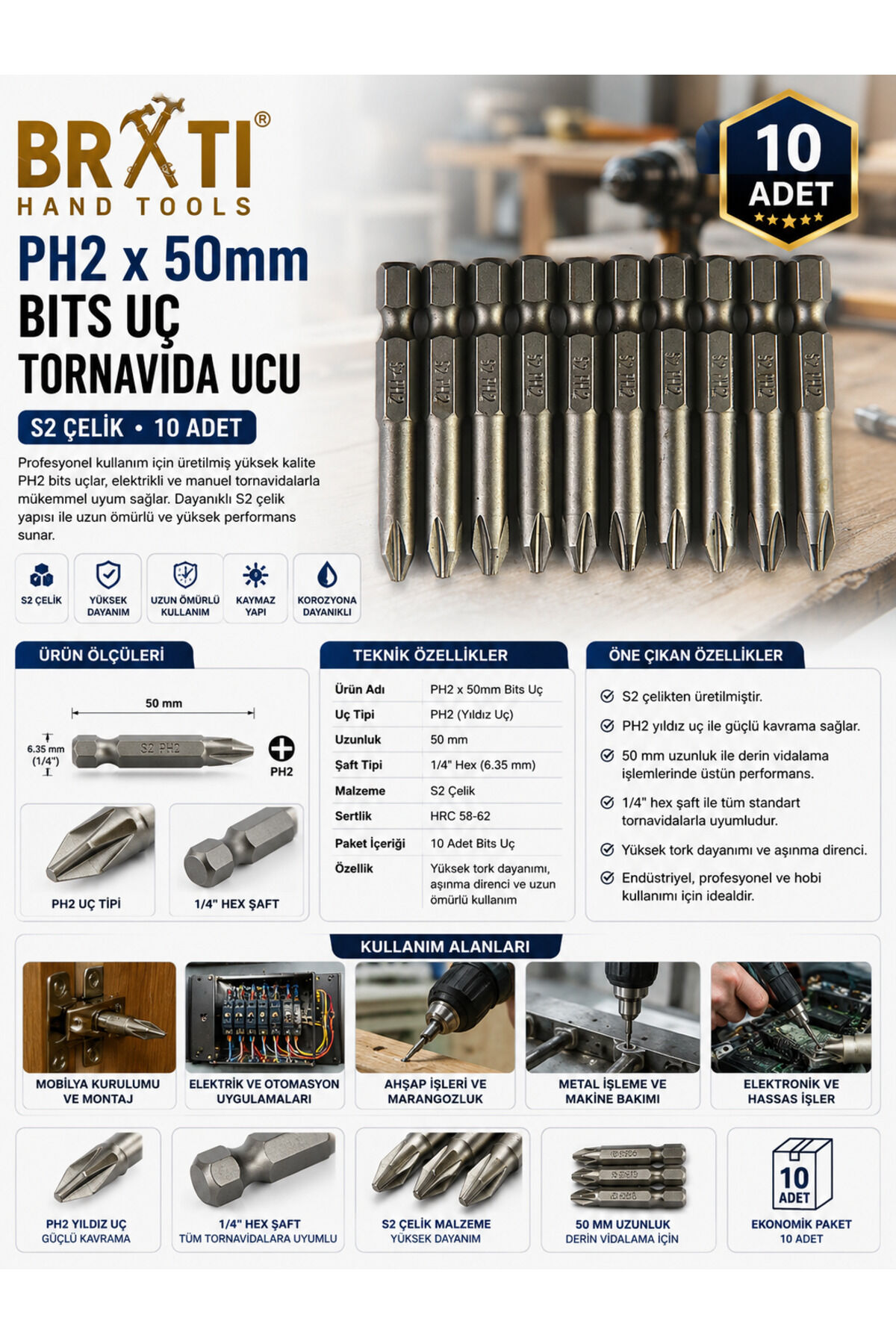 OKR Ph2x50mm Bits Uç Tornavida Ucu S2 Çelik 10 Adet