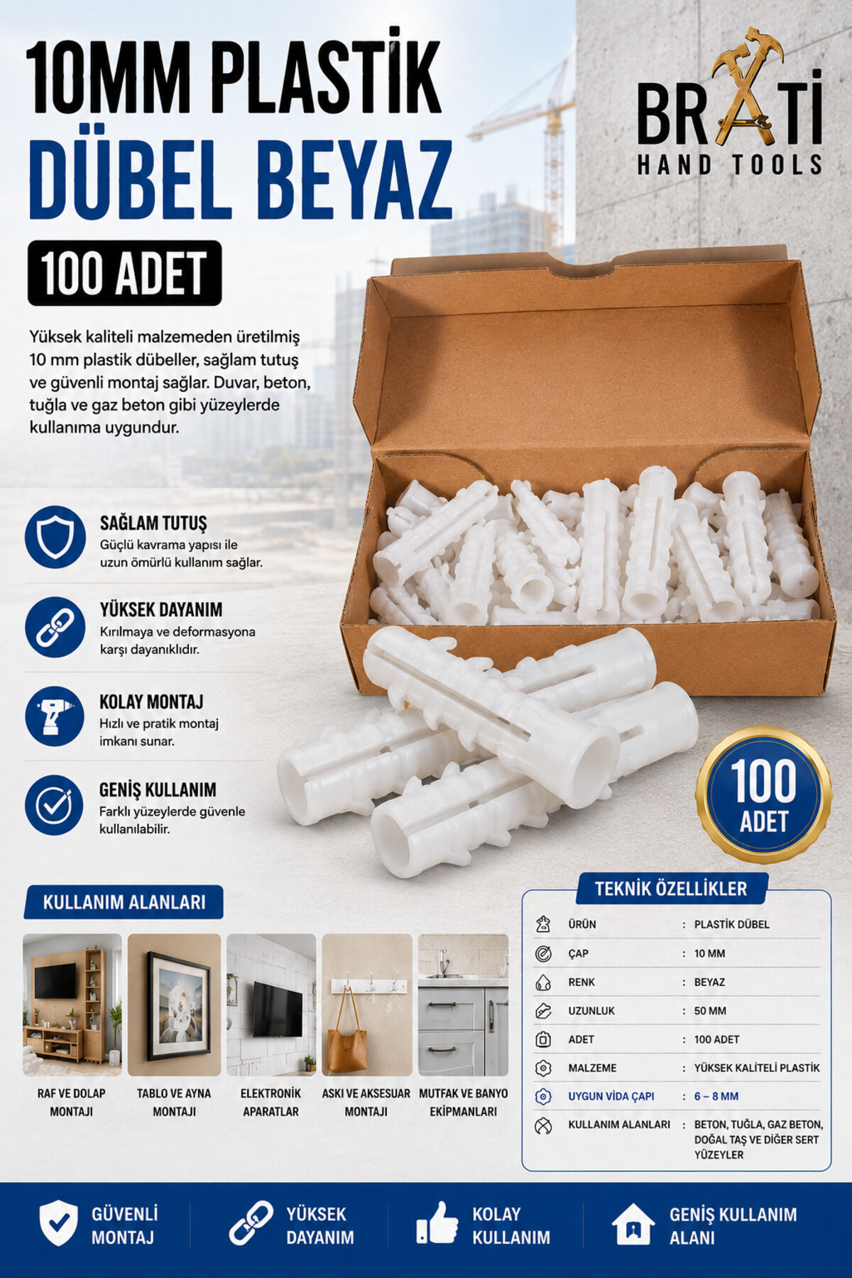 10mm Plastik Dübel Beyaz Made 100 Adet