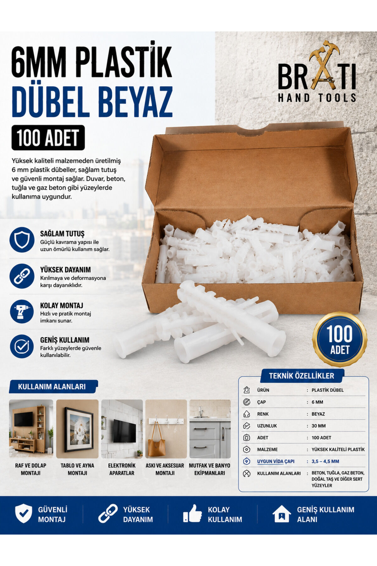 6mm Plastik Dübel Beyaz Made 100 Adet