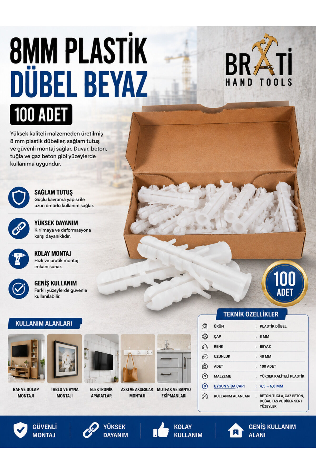 8mm Plastik Dübel Beyaz Made 100 Adet