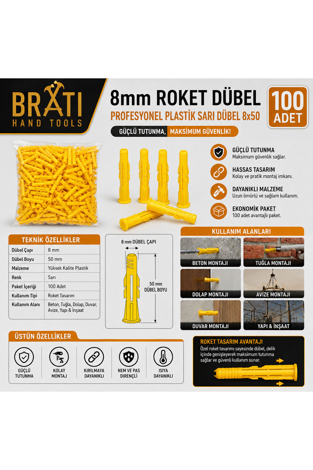 8mm Roket Dübel Profesyonel 8mm Plastik Sarı Dübel 8*50 (100 ADET)