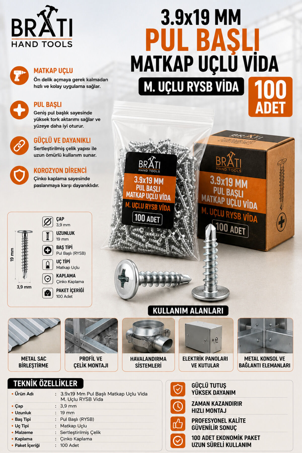 3,9x19 RYSB Pul Başlı Matkap Uçlu Vida 100'lü