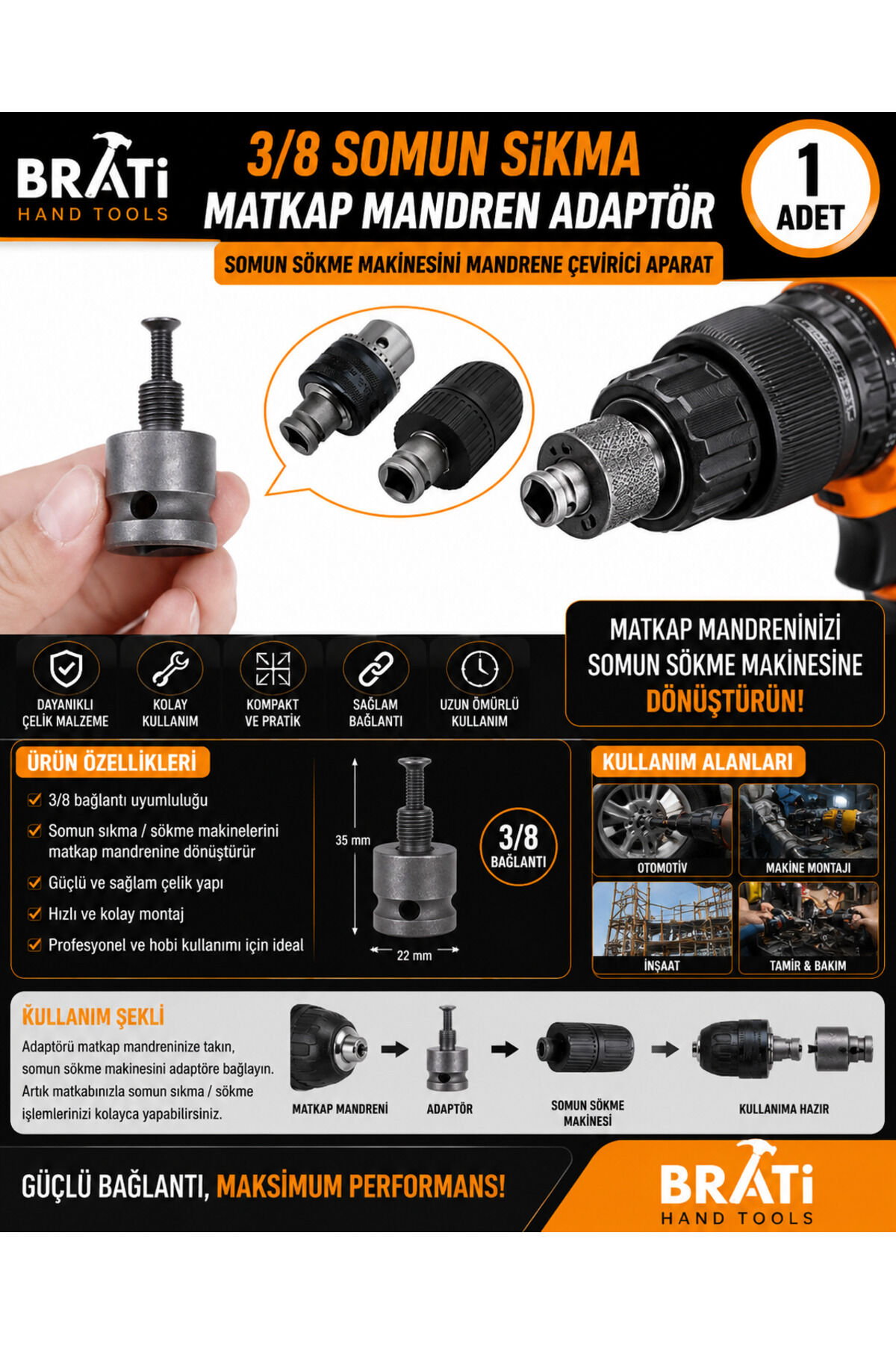 3/8 Somun Sıkma Matkap Mandren Adaptör Somun Sökme Makinesini Mandrene Çevirici Aparatı