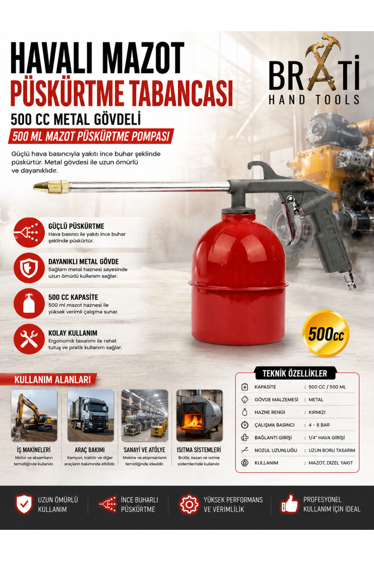 Havalı Mazot Püskürtme Tabancası 500 cc Metal Gövdeli 500 ml Mazot Püskürtme Pompası