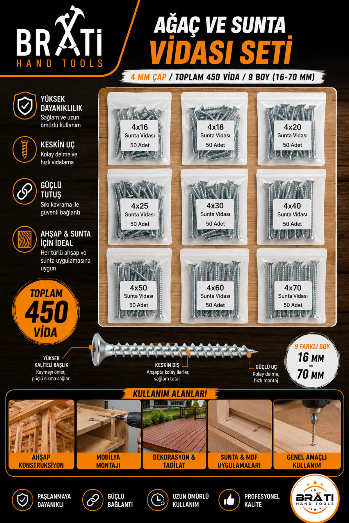 Ağaç Ve Sunta Vidası Seti – 4 Mm Çap / Toplam 450 Vida / 9 Boy (16-70 MM)