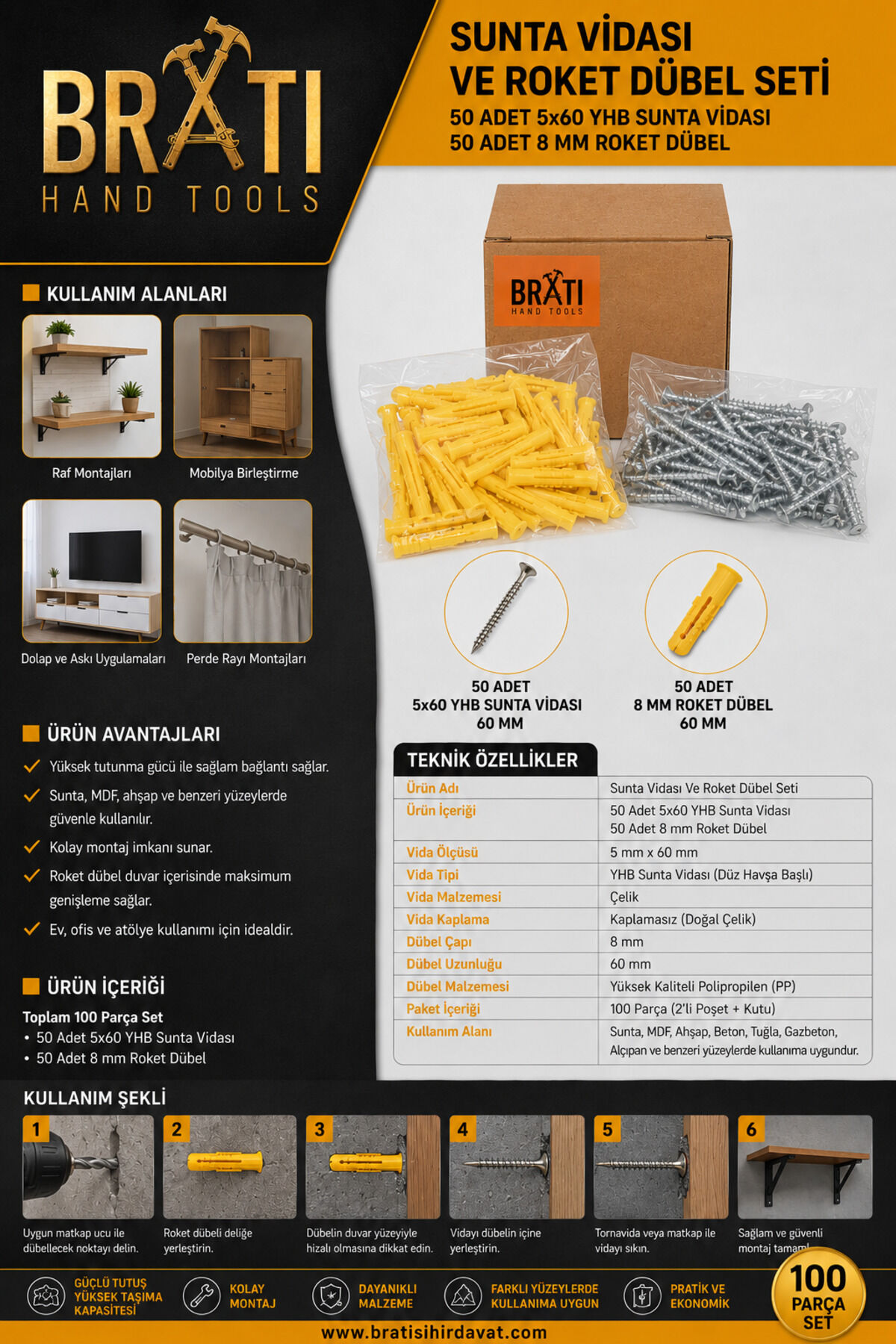 Sunta Vidası Ve Roket Dübel Seti 50 Adet 5x60 Yhb Sunta Vidası Ve 50 Adet 8 Mm Roket Dübel