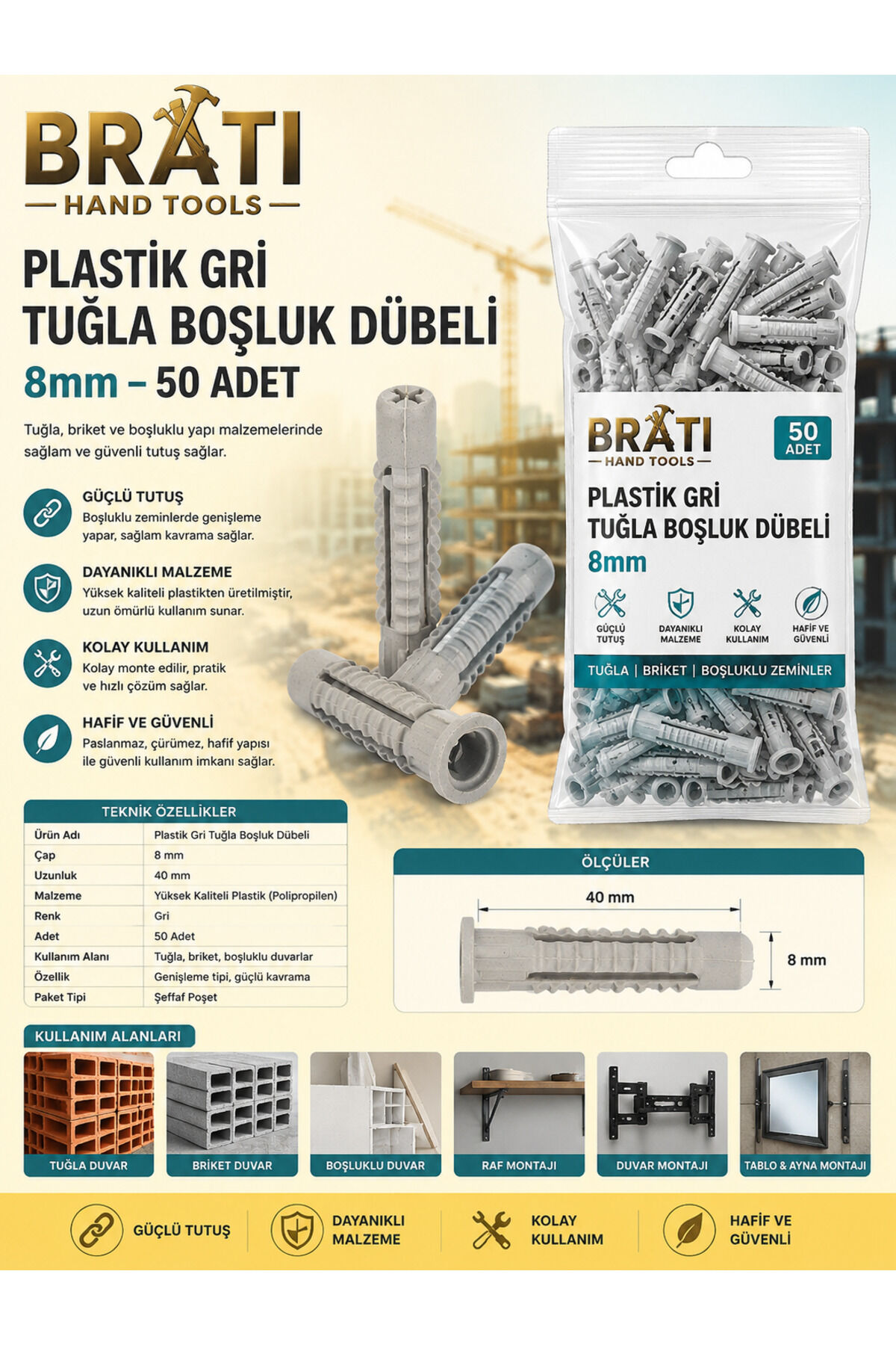 8Mm Tuğla Boşluk Dübeli 50 Adet