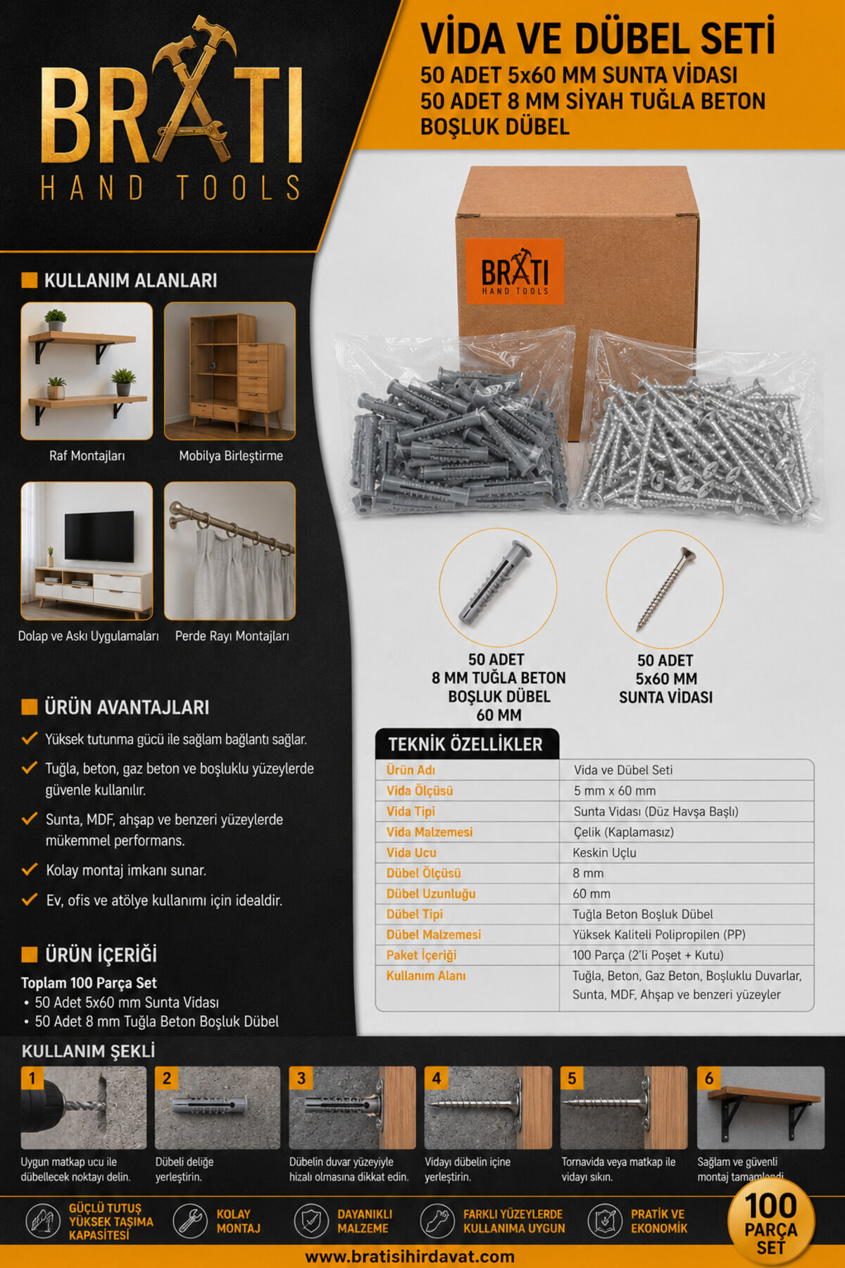 Vida ve Dübel Seti 50 Adet 5x60 mm Sunta Vidası ve 50 Adet 8mm Siyah Tuğla Beton Boşluk Dübel