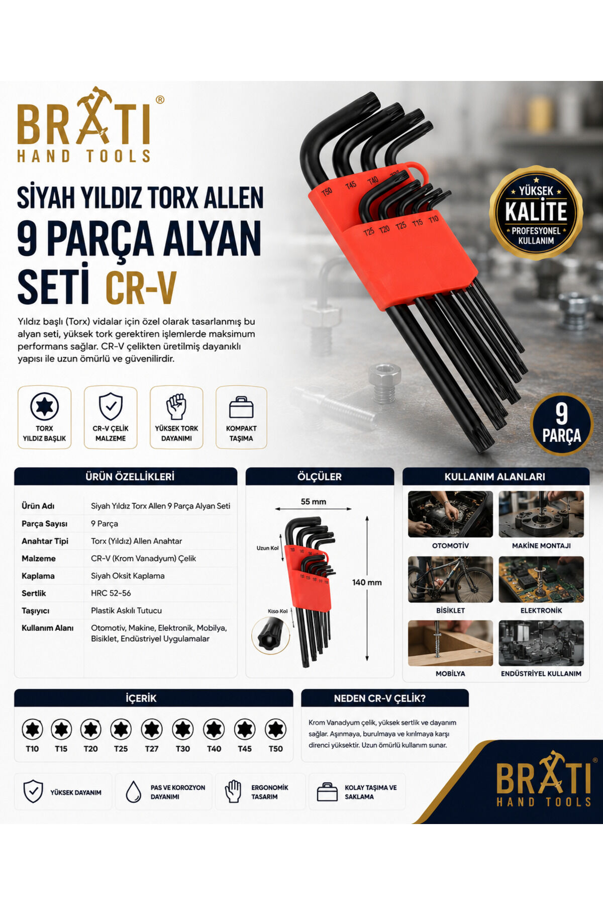 Siyah Yıldız Torx Allen 9 Parça Alyan Seti CR-V