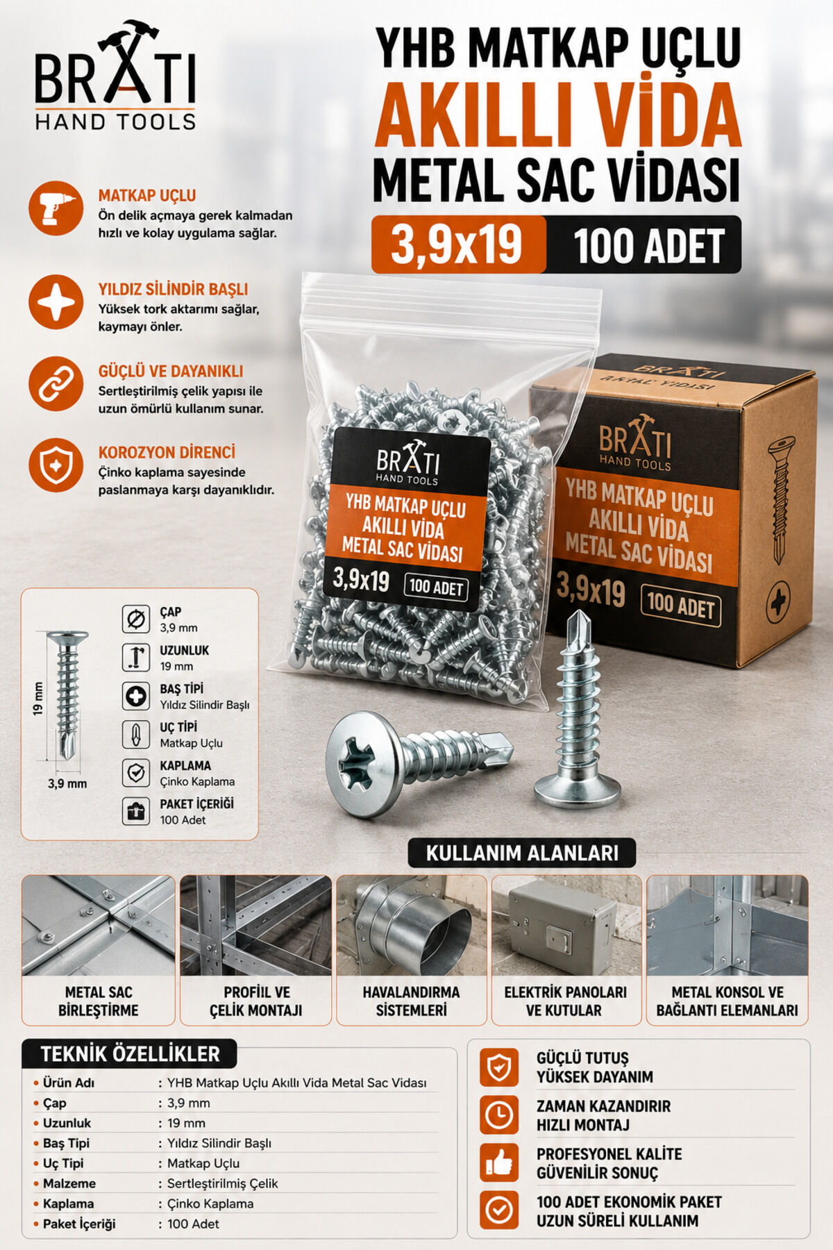 Yhb Matkap Uçlu Akıllı Vida Metal Sac Vidası 3,9X19 ( 100 Adet )