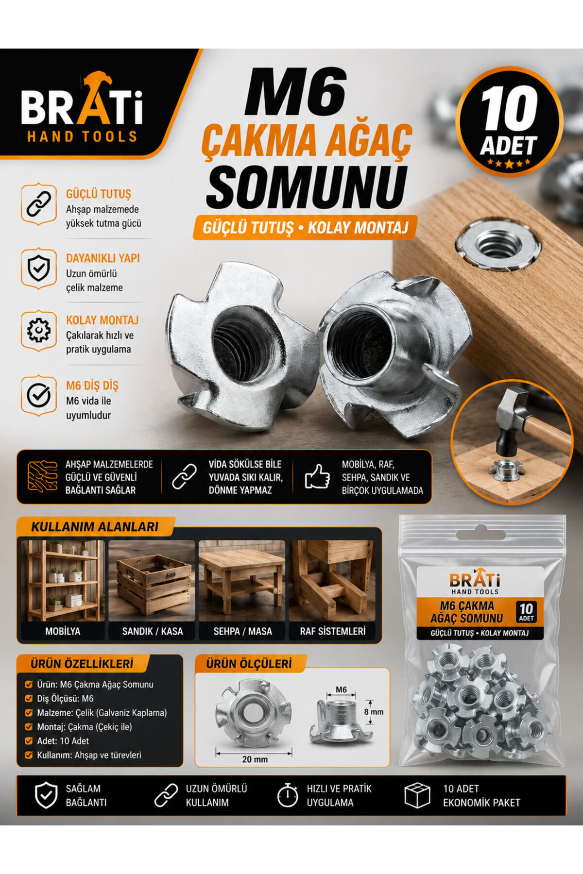 M6 Çakma Ağaç Somunu (10 Adet)