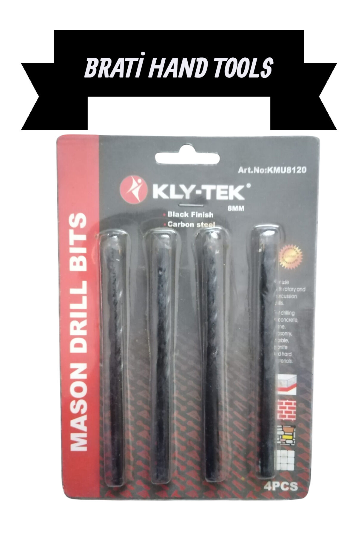 KLY-TEK 8mm Beton Delme Matkap Ucu Karbon Kaplama Siyah 4 Adet Set