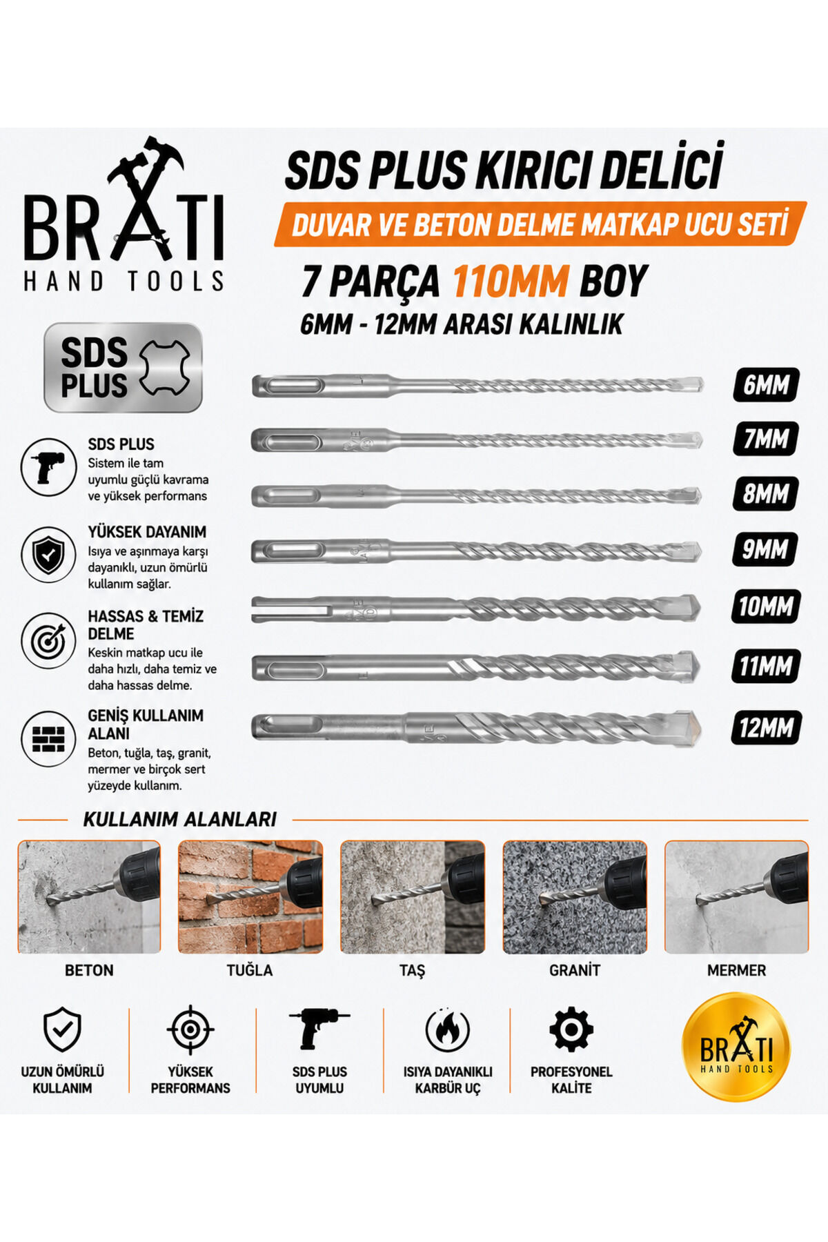 Sds Plus Kırıcı Delici Hilti Duvar ve Beton Delme Matkap Ucu seti 7 parça 110mm Boy 6mm-12mm