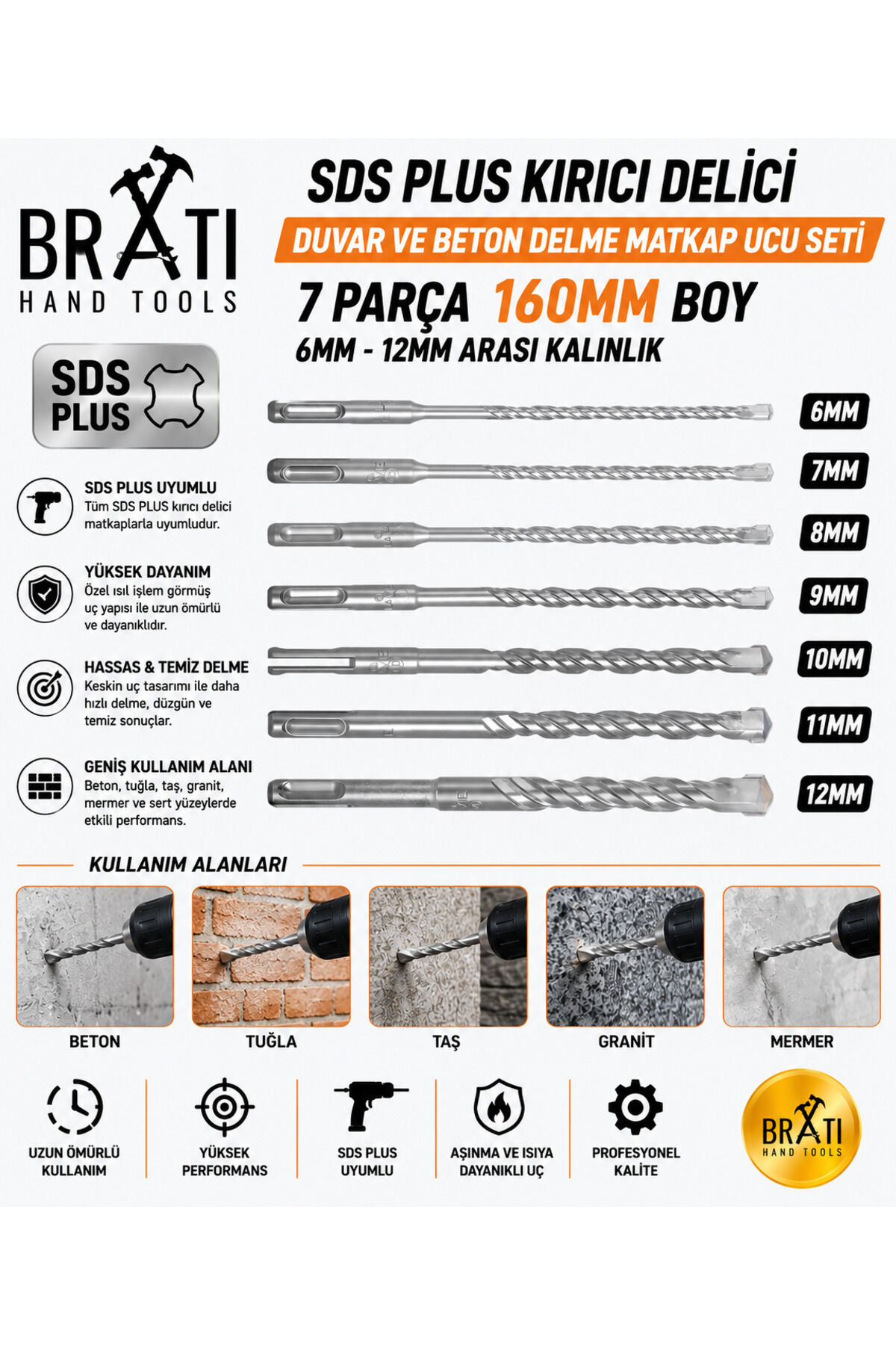 Sds Plus Kırıcı Delici Hilti Duvar ve Beton Delme Matkap Ucu seti 7 parça 160mm Boy 6mm-12mm
