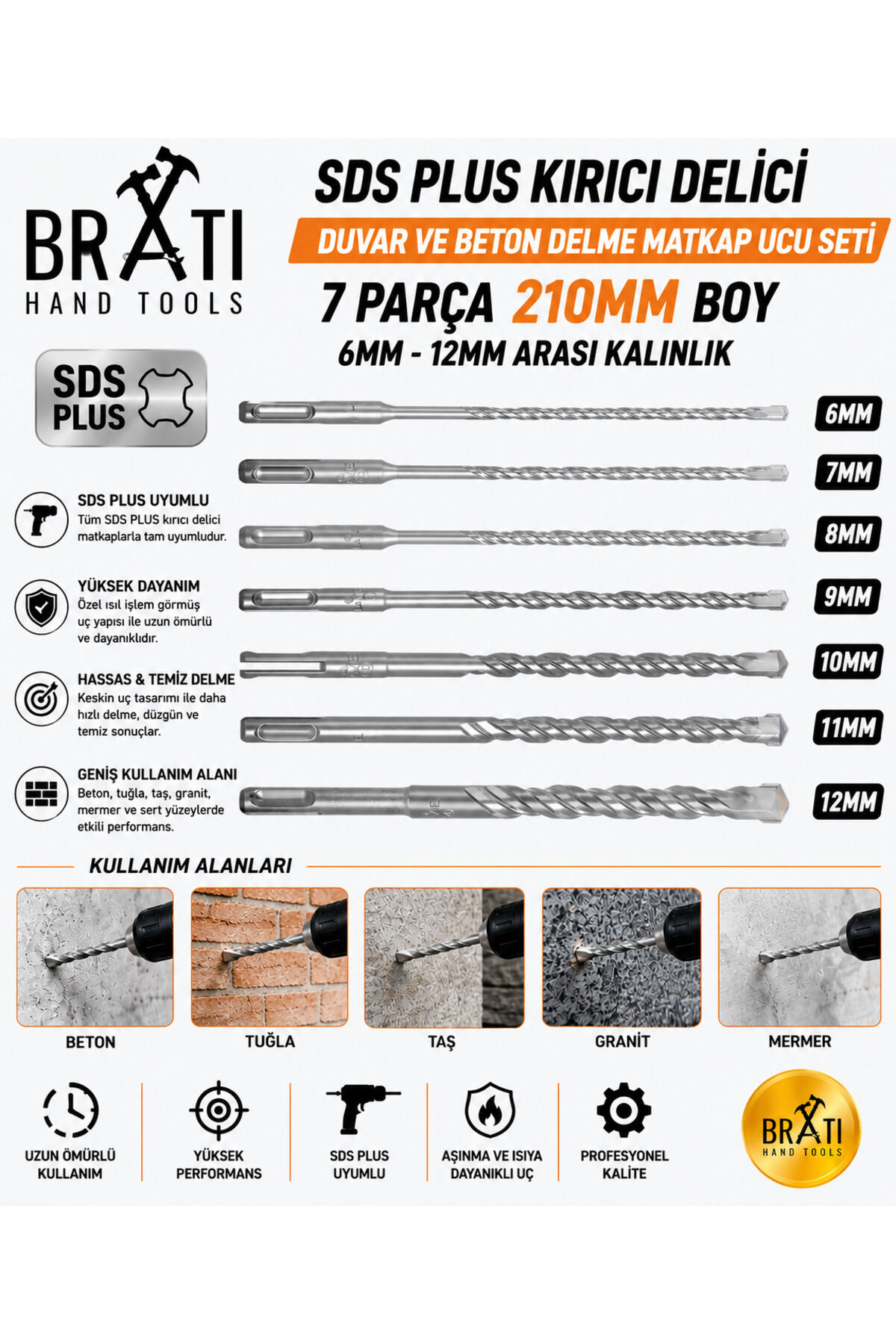 Sds Plus Kırıcı Delici Hilti Duvar ve Beton Delme Matkap Ucu seti 7 parça 210mm Boy 6mm-12mm