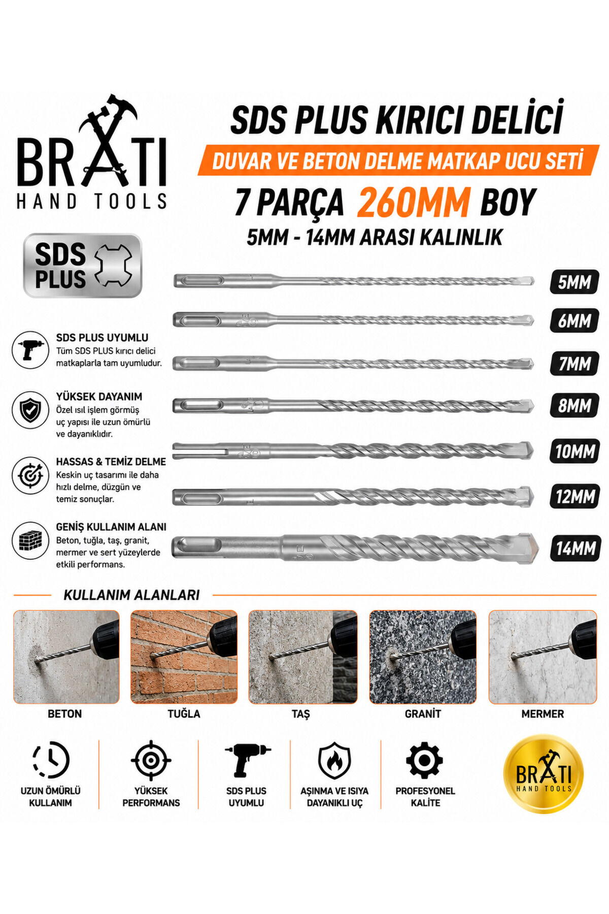 Sds Plus Kırıcı Delici Hilti Duvar ve Beton Delme Matkap Ucu seti 7 parça 260mm Boy 5mm-14mm