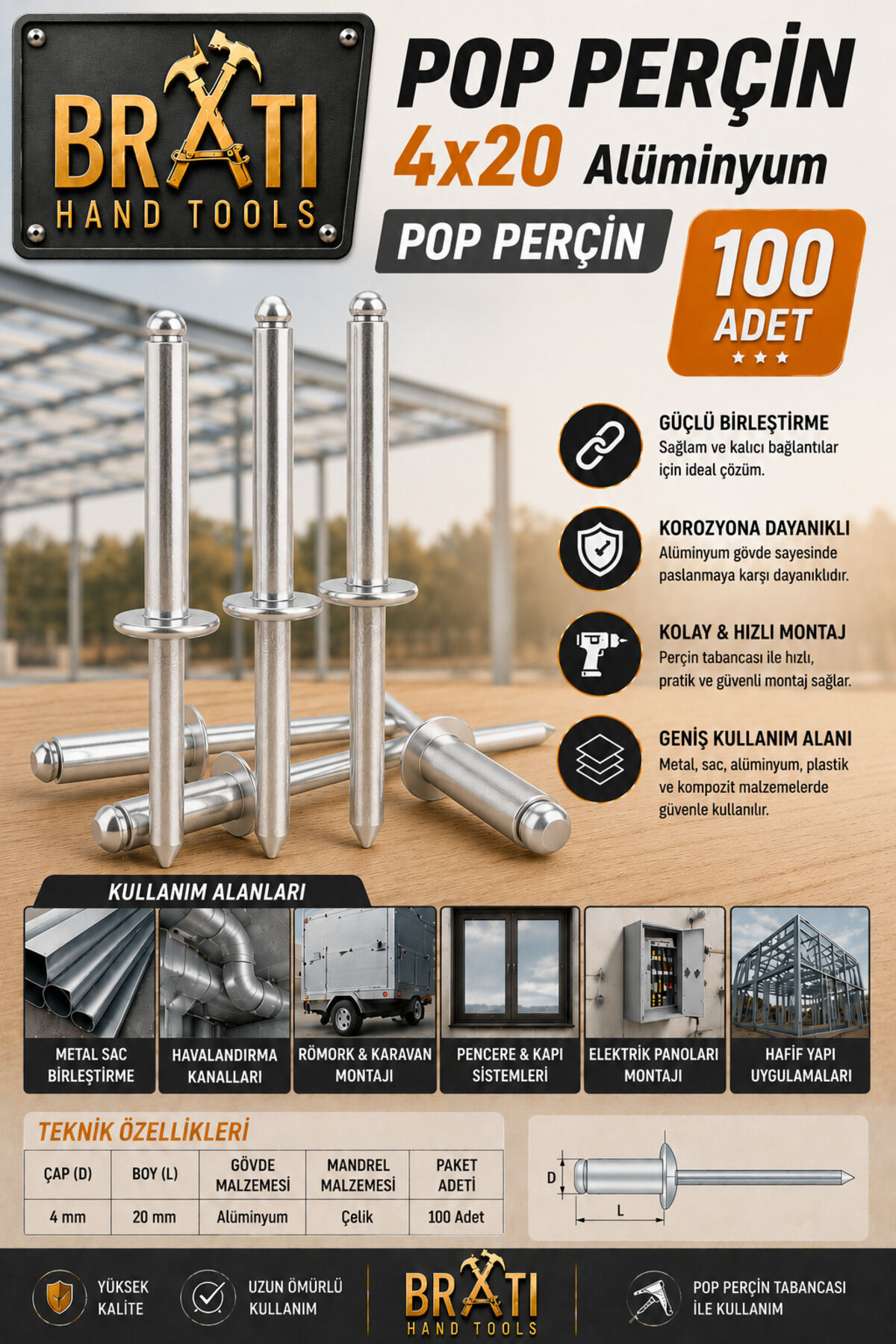 4x20 Alüminyum Pop Perçin 100lü Paket