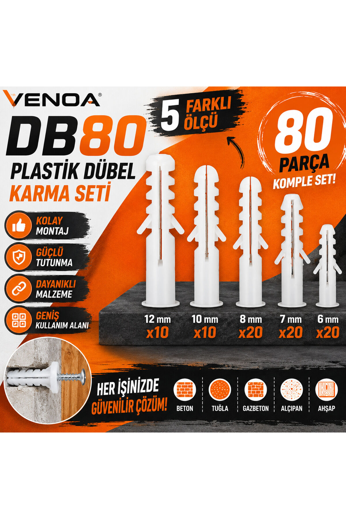 DB80 Plastik Dübel Karma Seti 80 Adet | 5 Farklı Ölçü 6-7-8-10-12 mm | Ev, Tadilat ve Montaj İçin Pratik Dübel Seti